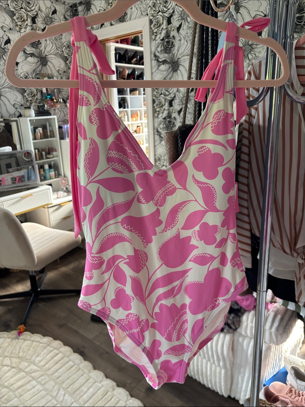 Kate Spade Pink and White Floral Tie-Shoulder One-Piece Bathing Suit